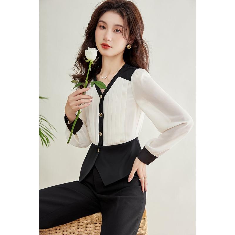 Slimming Waist To Make You Look Fashionable Contrasting Color and Temperament V-neck Chiffon Shirt for Women