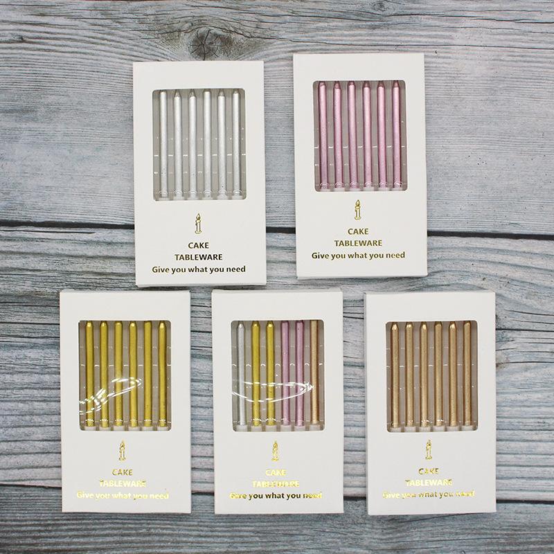 New Gold-plated Colored Box Pencil 8-pack Cake Candles, Electroplated Flat Rod Gold and Silver Party Candles