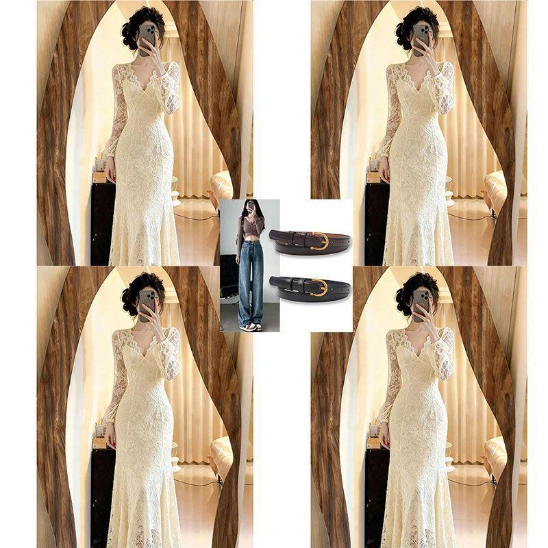 French petty bourgeoisie beige v-neck lace fishtail dress spring women s clothing Kochi fit slim fit skirt S recommended 42.5-50kg