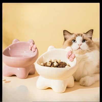 Mały Kot Ceramiczny Uroczy Kreatywny Skośny Pysk Średnio-mały Pies Wysokonogi Miska dla Zwierząt do Karmienia i Picia, Chroniąca Szyję Kota.