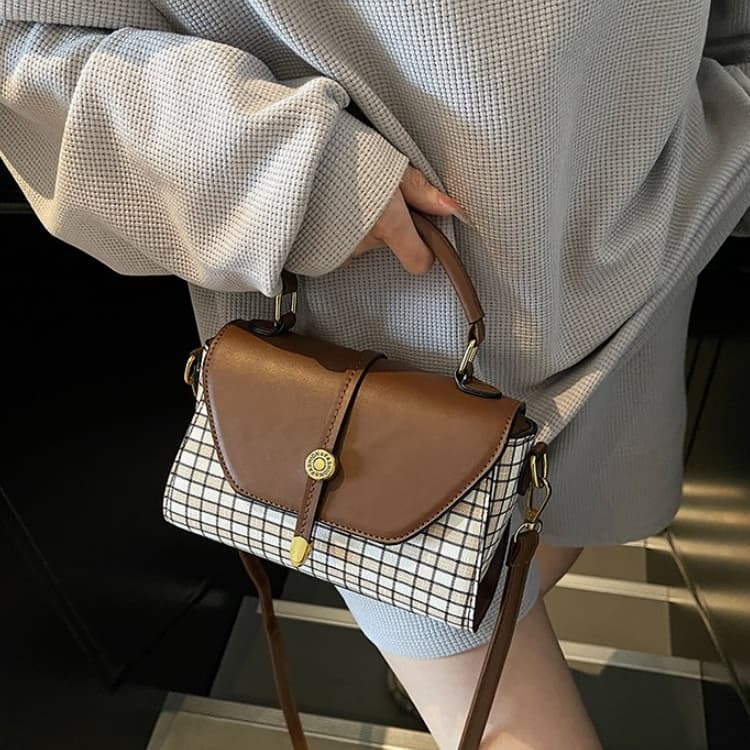 Plaid Splicing Flip Small Square Bag Women's Portable Messenger Bag