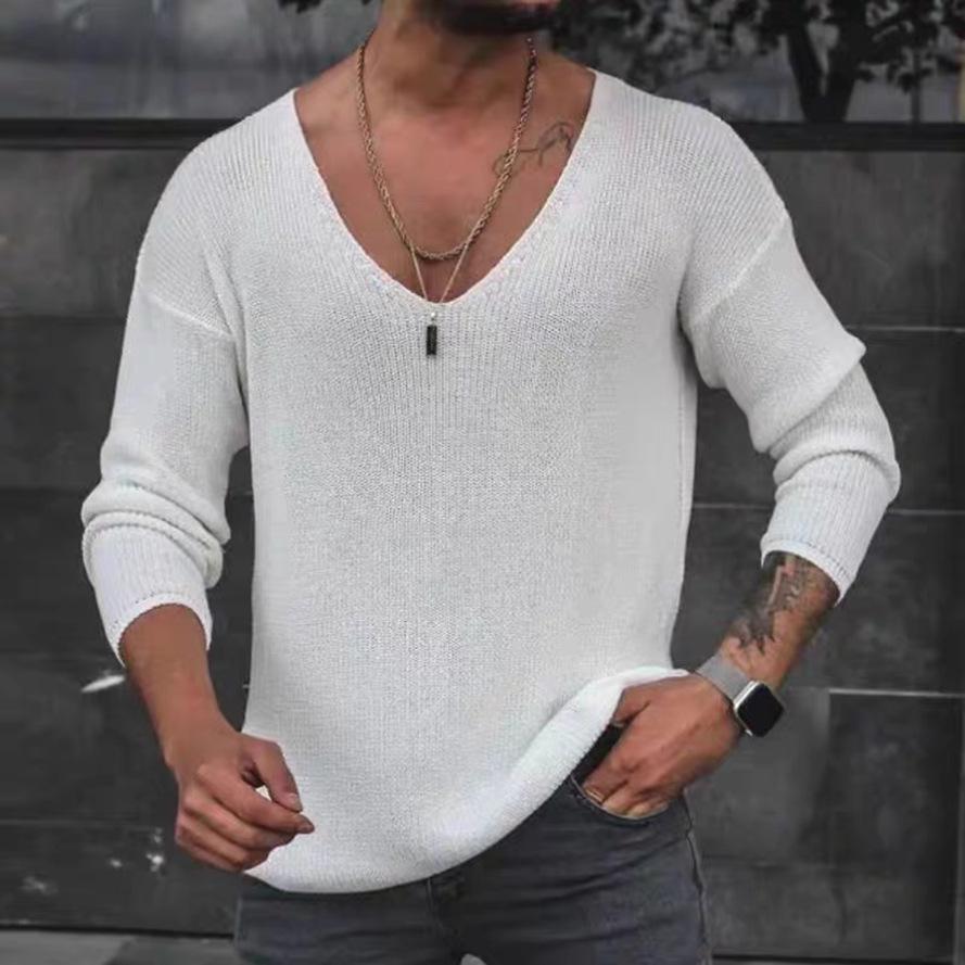 Herren U-Ausschnitt Strickpullover: Lockere Passform, Weite lange Ärmel, Sonnenschutz, Kordelzug Netzgarn. L gray