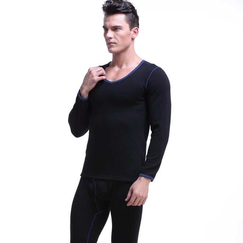Men's Thermal Low-Neck V-Neck Cotton Suit: Velvet-Lined Sweater & Pants for Autumn/Winter