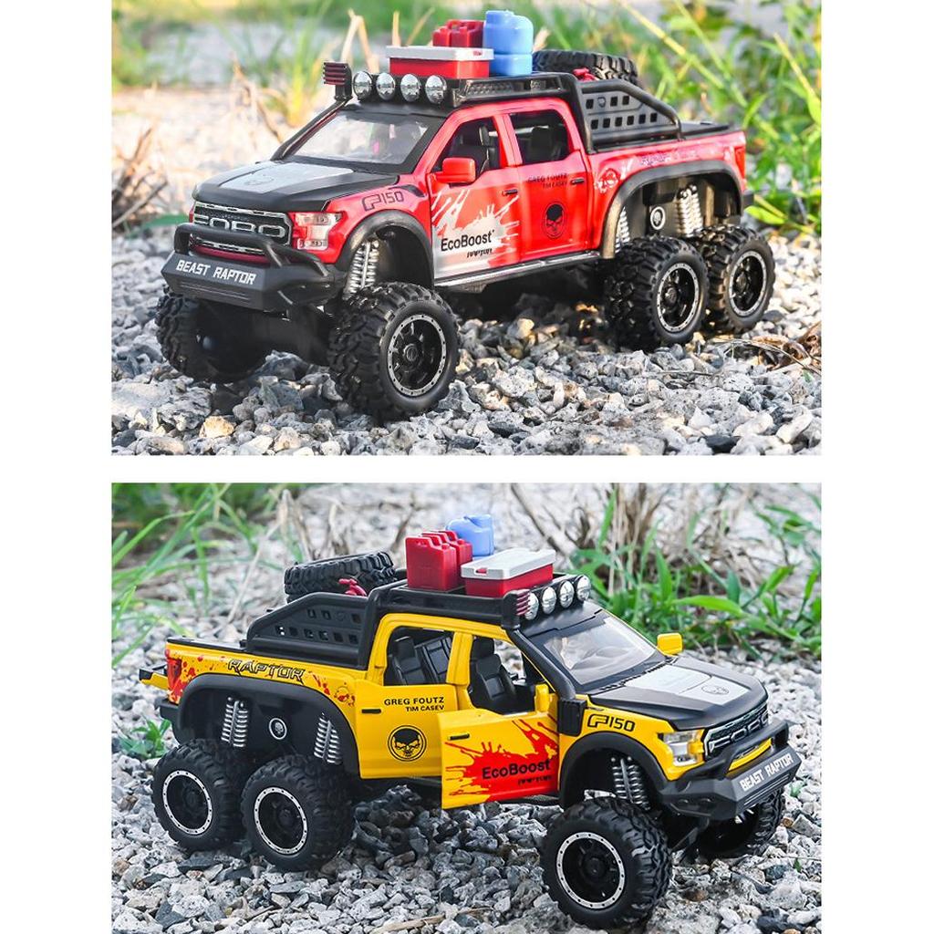 La scară 1/28 Ford Raptor F150 6X6 Pickup Truck Model de mașină de jucărie turnată sub presiune, Vehicul de jucărie cu sunet și lumină pentru copii mici, colecție de cadouri