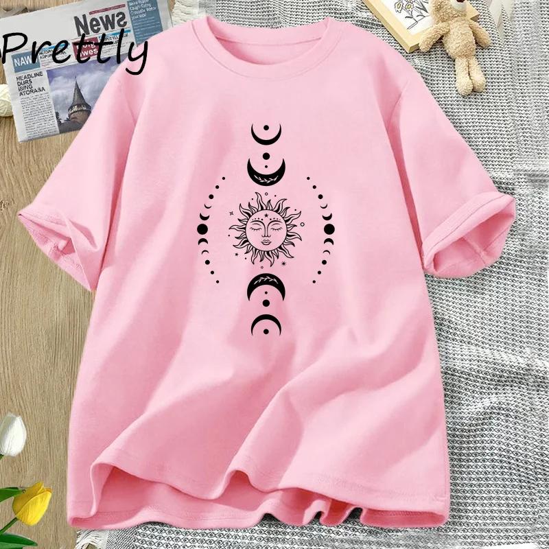 Sun and Moon Pritned T Shirt Celestial Boho Mystical T-shirt Magic Moon Short Sleeve Tshirt Women Harajuku Tee Streetwear