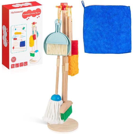 Kids Cleaning Set, 8 Pcs Wooden Housekeeping Play Set Includes Broom Mop Duster Dustpan Brushes Rag and Organizing Stand, Cleaning Toys Gift for