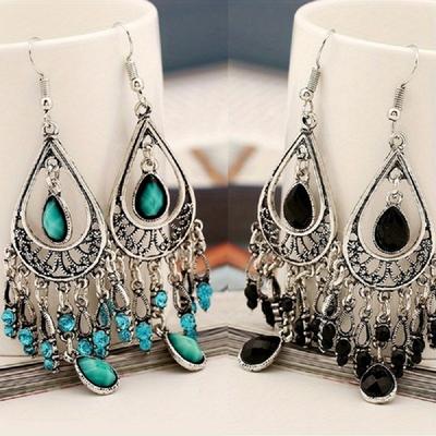 Boho-Stil Cubic Synthetischer Zirkon Damenohrringe mit blaugrünen und schwarzen Quasten, Geeignet für lässige und formelle Anlässe