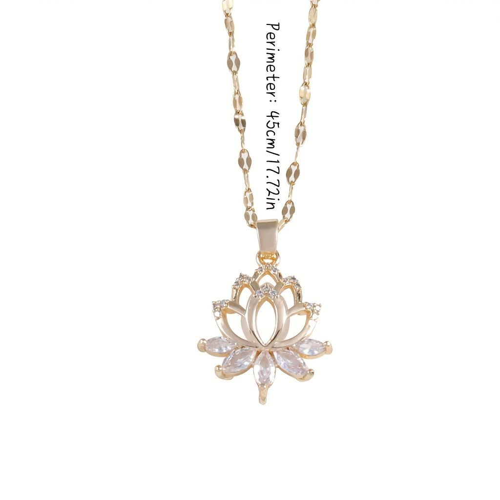 's Elegant Golden-Tone for Lotus Flower Pendant Necklace - Delicate Chain Jewelry with Sparkling Cubic petals, Everyday & Formal Necklace for Annivers