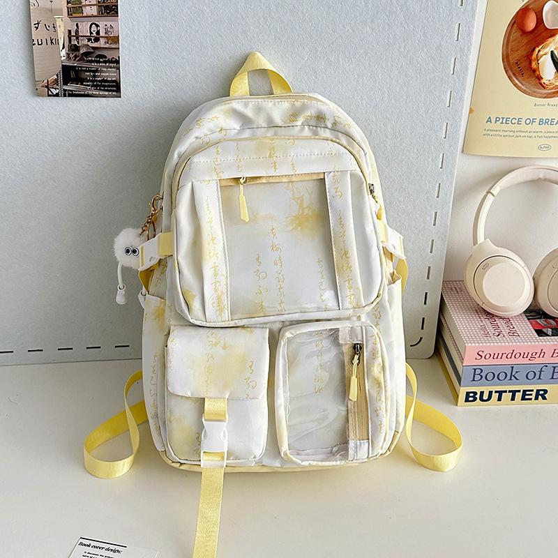 Middle School Chinese-Style Transparent Backpack with Multiple Pockets - Large Capacity, Waterproof, Wear-Resistant, Unisex, Light Luxury Design.