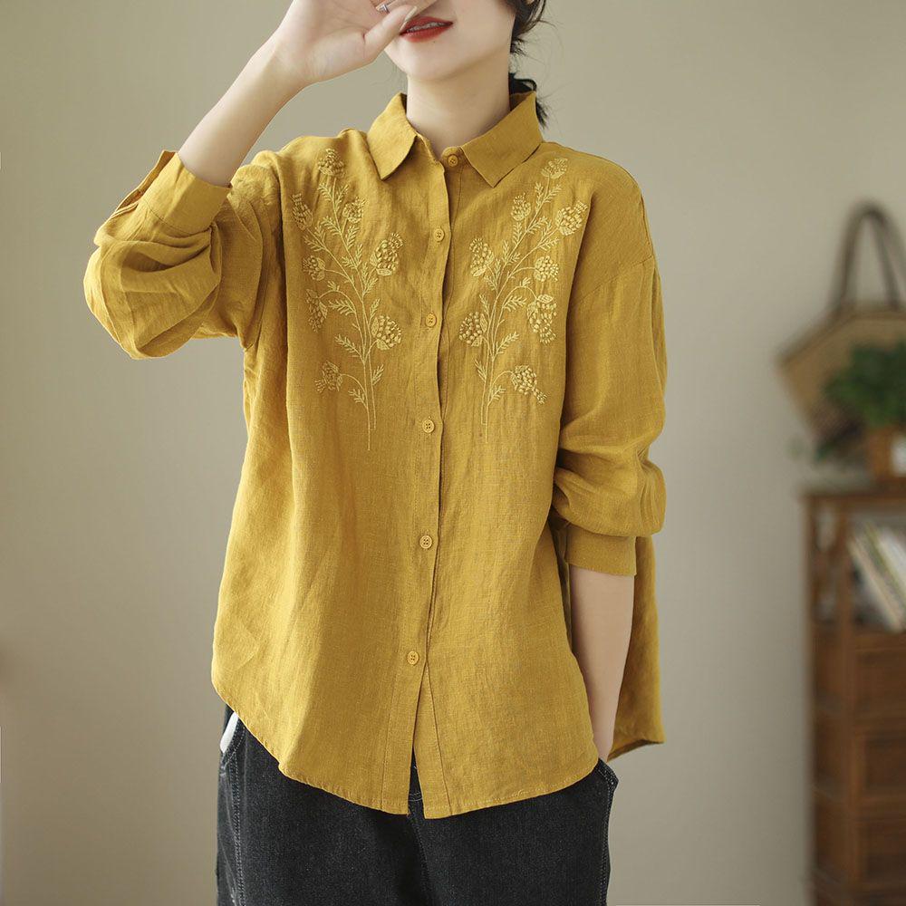 

2024 Женский ретро-топ с вышитыми лацканами и длинными рукавами из льна 4XL жёлтый
