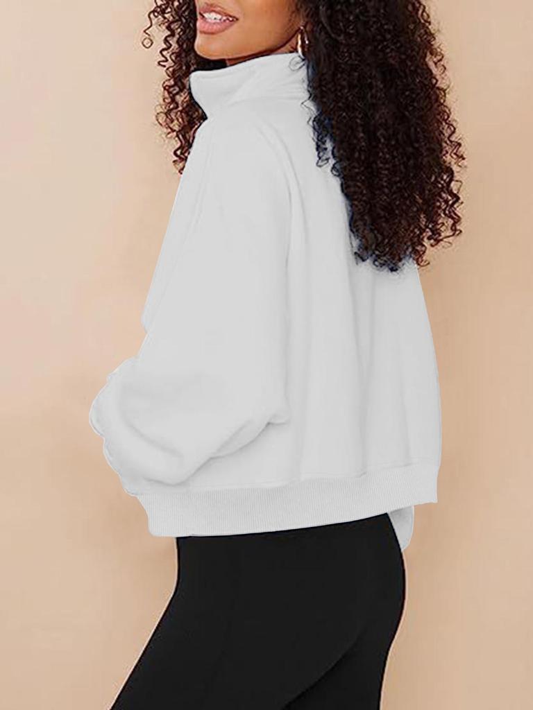 2026 Women's Stand Collar Fleece Hoodie with Pockets, Autumn-Winter Casual Loose Fit, Solid Color Ribbed Top.