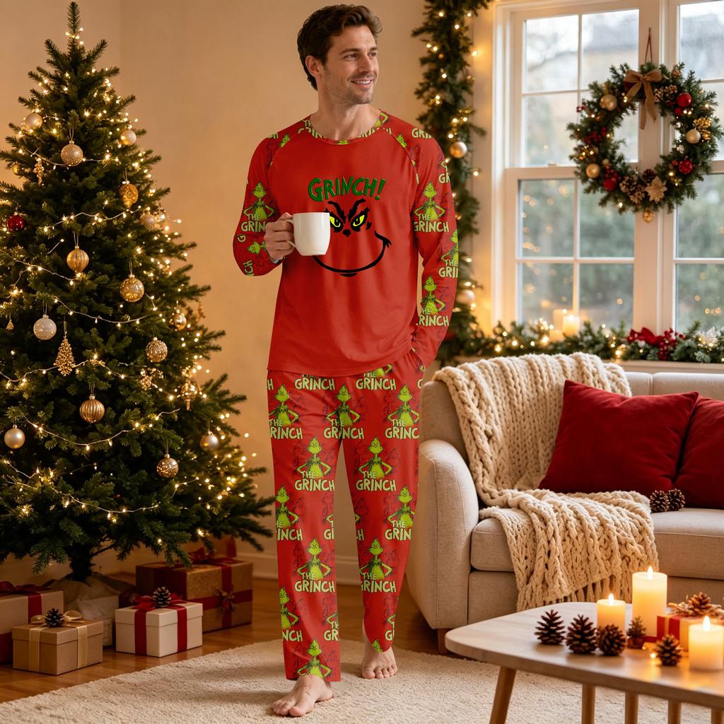Men's Casual Neck Long Sleeve Top and Pants Pajama Set Comfortable Sleepwear