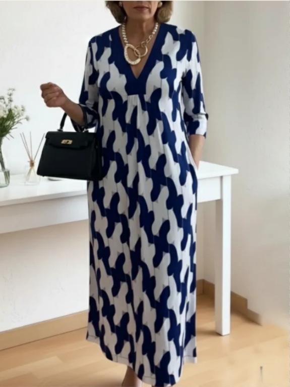2026 spring and summer new women s v-neck printed dress loose, comfortable, fashionable and thin women s clothing European and American printing S синий