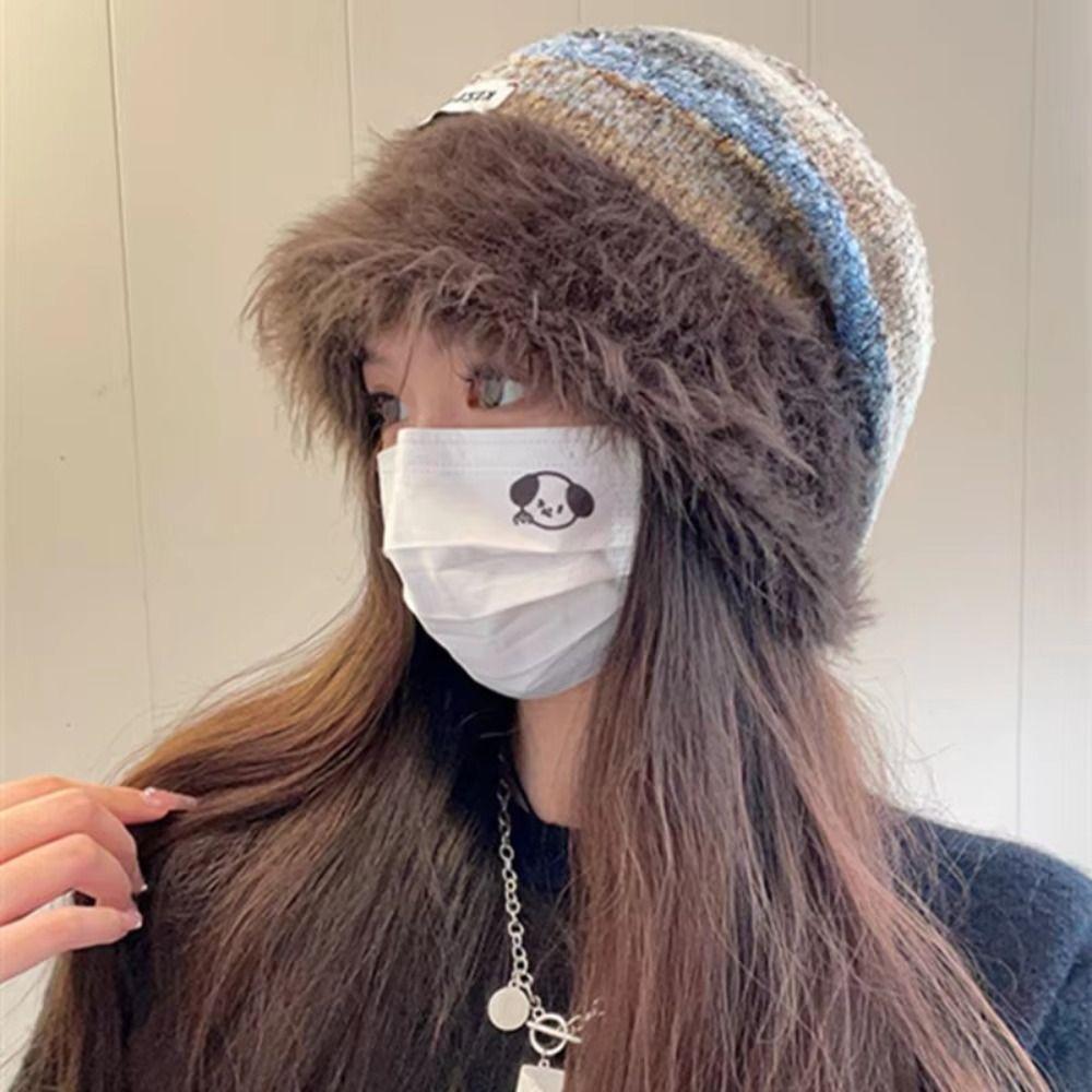 Warm Slouchy Woolen Hat Autumn Winter Women Beanie Hat Vintage Y2k Striped Hat  Outdoor