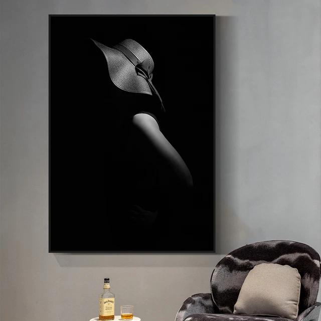 Modern Black and White Sexy Smoking Women with Red Lip Hat Print Art Canvas Poster for Living Room Decoration Home Wall Decor