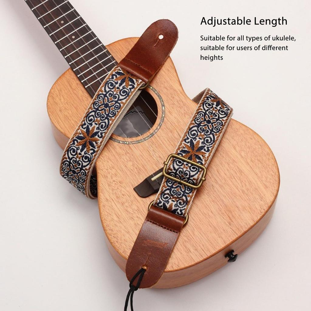 Ukulele Adjustable Nylon Leather Ukulele Shoulder Embroidered Ukulele Strap with Leather Strap Suitable for All Size Ukuleles from Kids To Strap, &