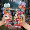 1PC Geometric Square Patchwork Print 750ml Color Plastic Sports Water Bottle Leakproof Flip Straw Lid Suitable for Sports Office Home Use