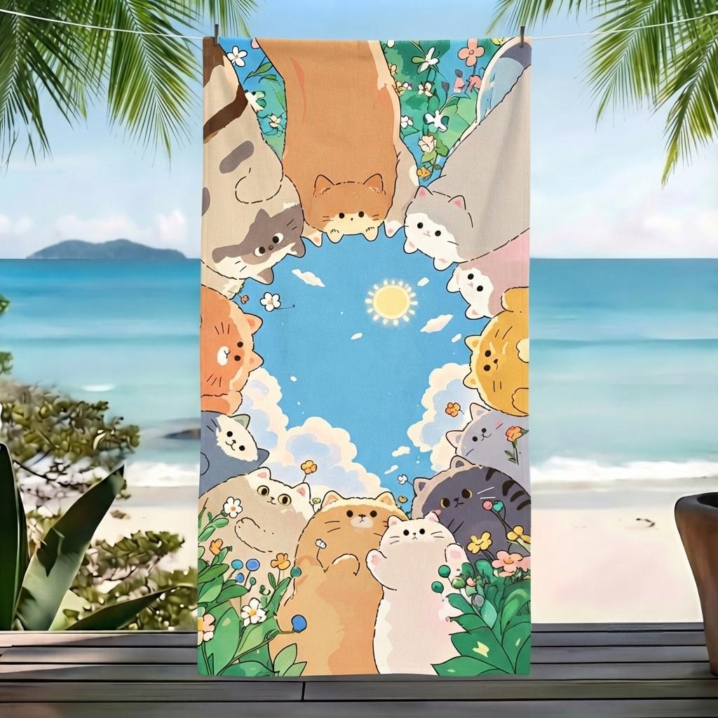 Cartoon Cats Microfiber Beach Towel Multiple Kittens Circle Print Quick Dry Sand Free Kids Pet Lovers Bath Travel Gift