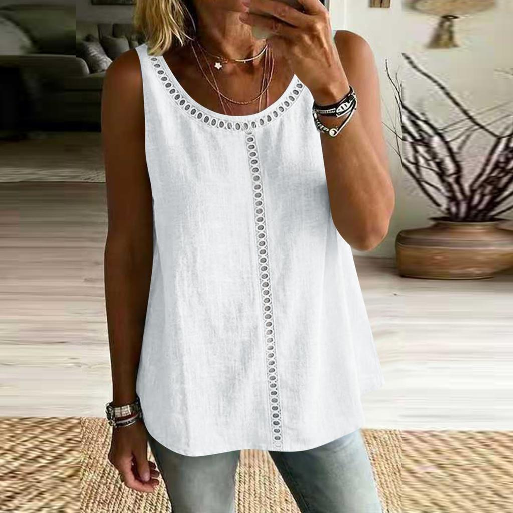 Women Sleeveless Hollow Out Tank Top Loose Fit Casual Solid Color Blouse Summer Lightweight Breathable Tunic Shirt