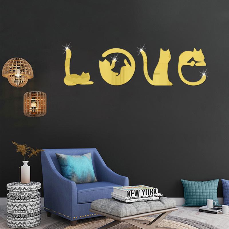 3D Acrylic Cat Cartoon Animal Mirror Wall Sticker - LOVE Design for Bedroom/TV Background