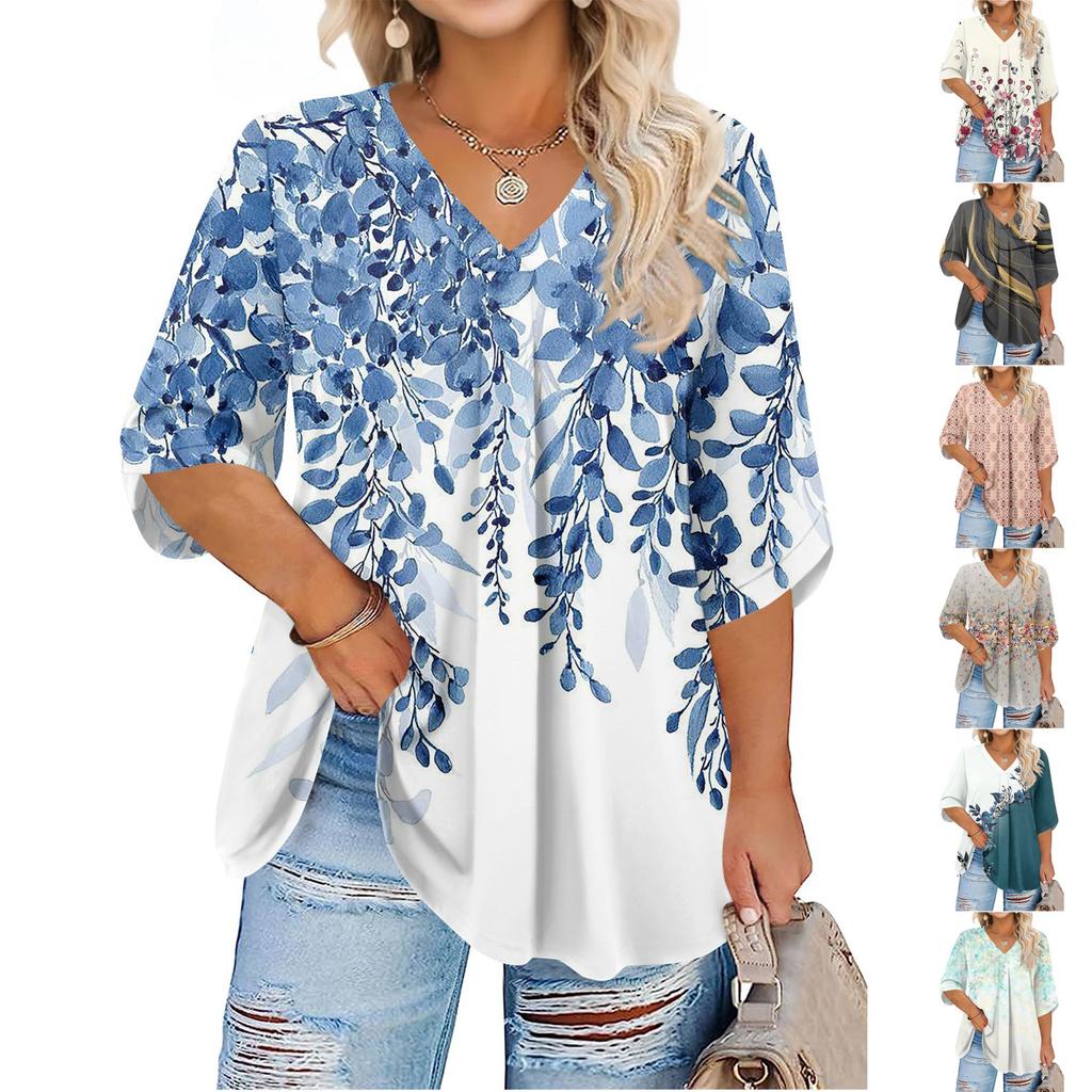 Women's Fashion Large Size Printed V-Neck Three-quarter Sleeve Top