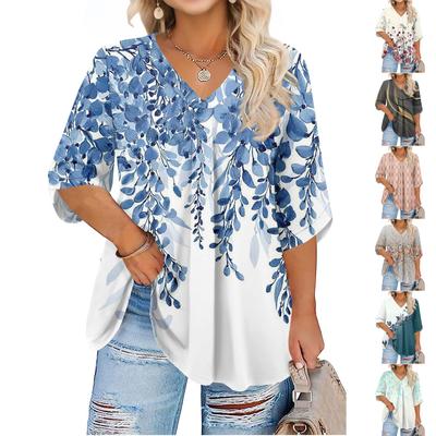 Plus Size Women's V Neck Blouse Floral Print Three Quarter Sleeve Casual Top Lightweight Loose Fit Tunic Shirt for Daily Wear