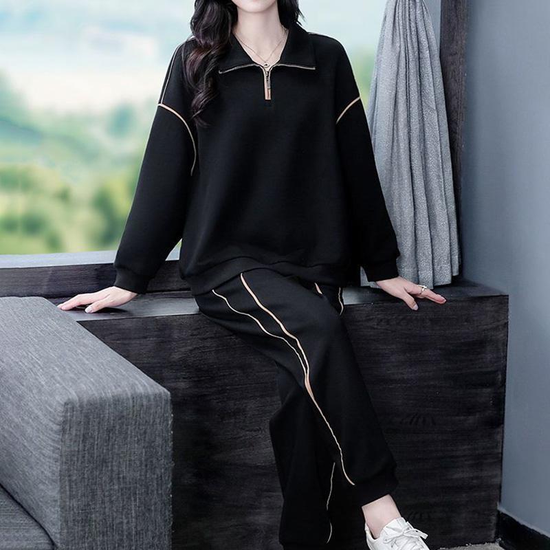 Women Suits Sets Cotton Large Size Pullover Sweatshirt Pants Long Sleeves Stretch Warm Two-piece Oversize 2PC Suit