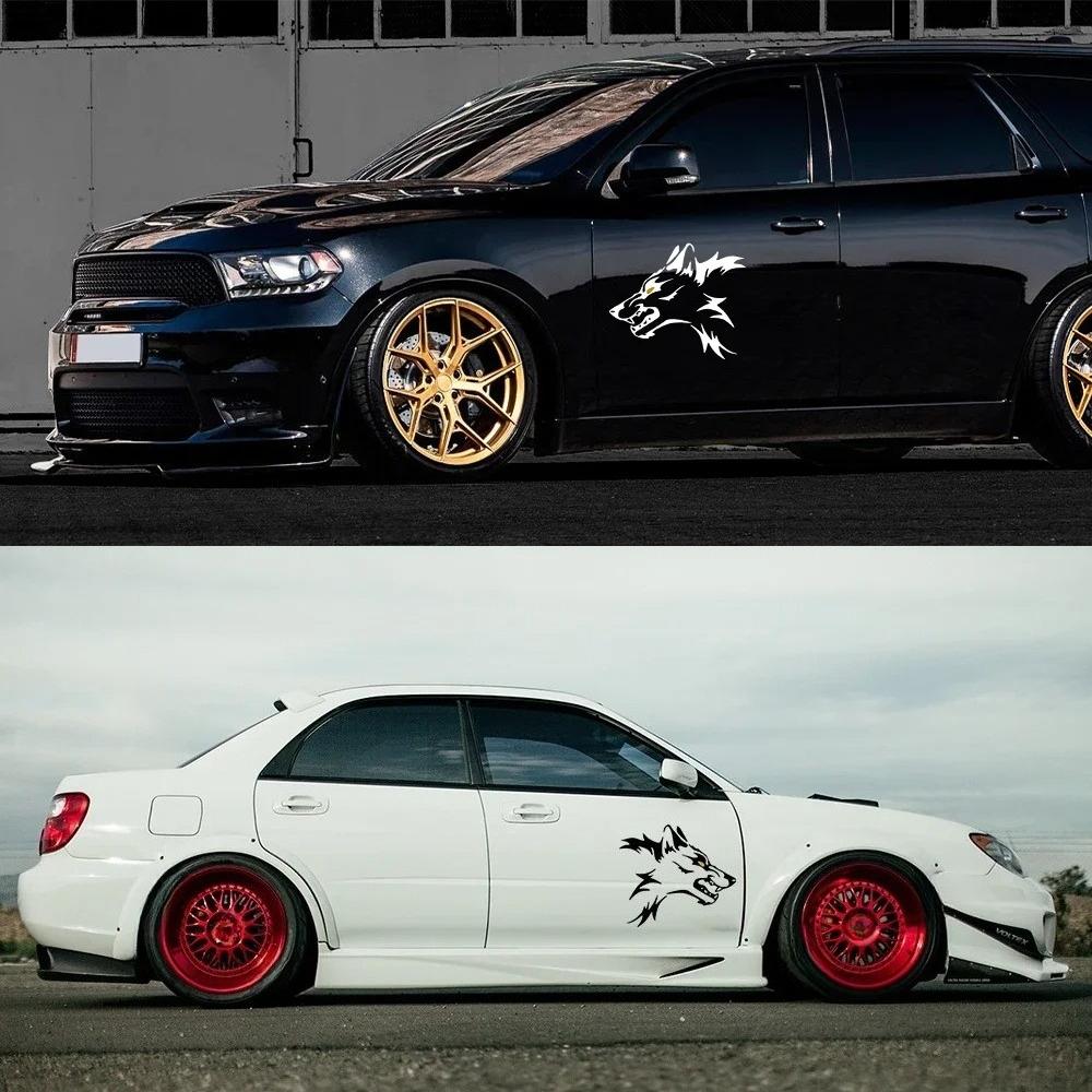 2Pcs Creative Wolf Head Car Door Side Skirts Stickers Self Adhesive Cool Vinyl Decals Auto Body Decoration Stickers Accessories