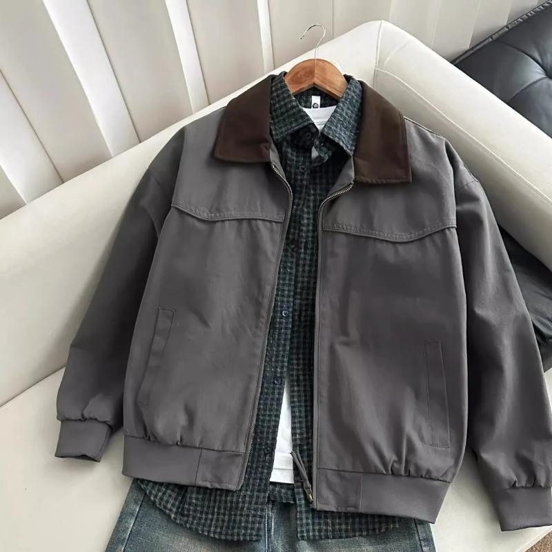 

Mens Fall Grey Corduroy Collar Bomber Jacket Casual Zip Up Coat M