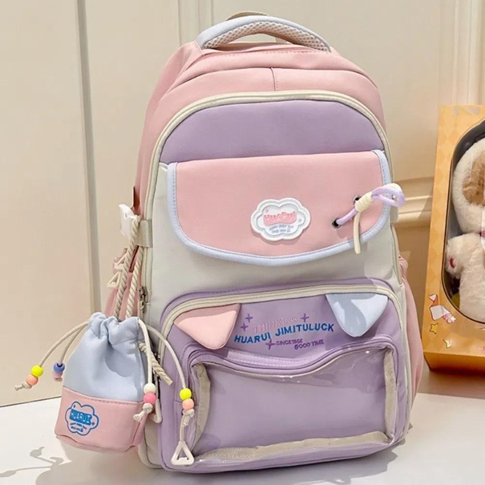 

Large Capacity Girls Backpacks Transparent Pocket Color Matching School Bags Multiple Pockets Cartoon Shoulders Bag Teenagers рожевий