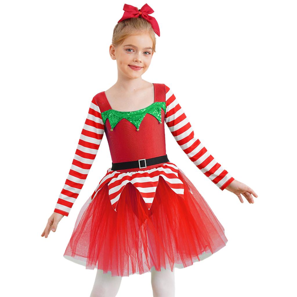 Girls Christmas Elf Costume Santa Little Helper Dress Striped Tutu Bodysuit Holiday Party Suit