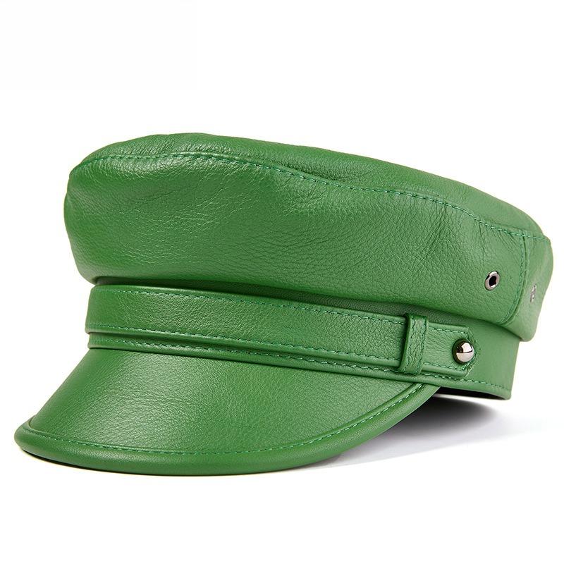 

100% Sheepskin Military Hats Old Age Large Size XXL Genuine Leather Flat Top Hat Men Women Rock and Roll Captain Hat 59-60cm зелений