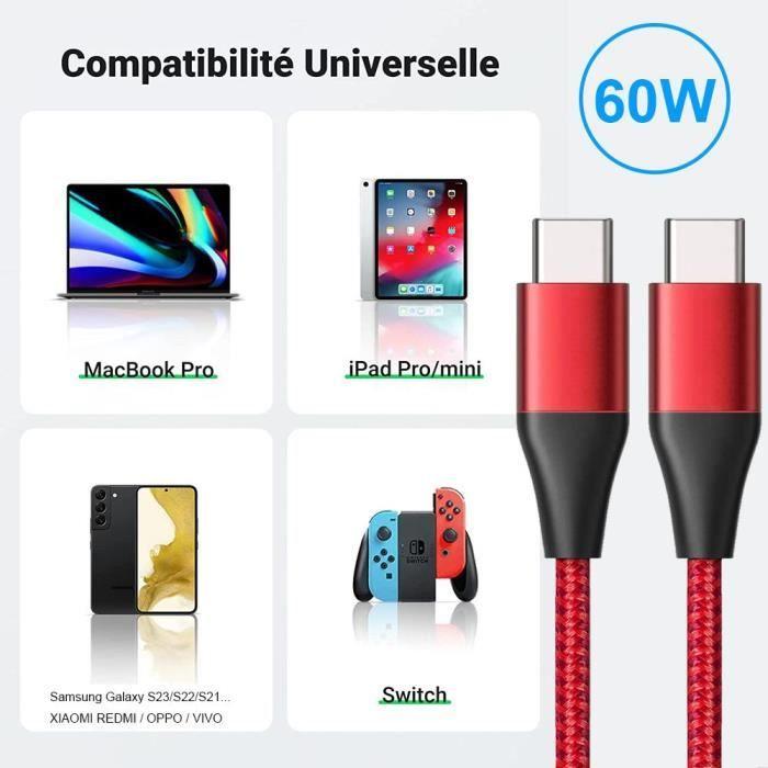 Câble USB-C vers USB-C Rapide 3A pour OPPO A16 A53 A53S A54 A93 A94 Reno 8 Lite Find X5 Pro - Nylon Renforcé 1M Rouge