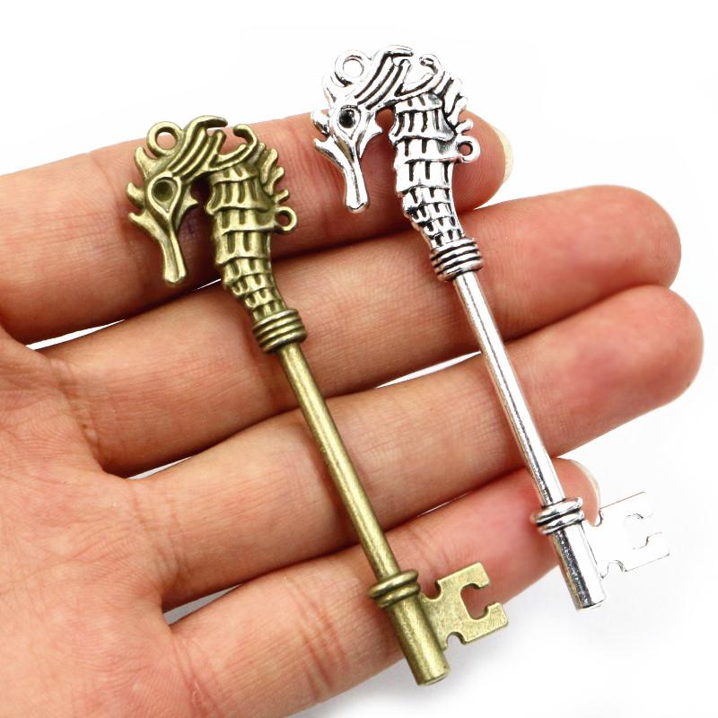 5pcs 70x19mm Charms Hippocampi Key Antique Bronze Silver Plated Metal Handmade Charms Pendant DIY Findings for bracelet necklace