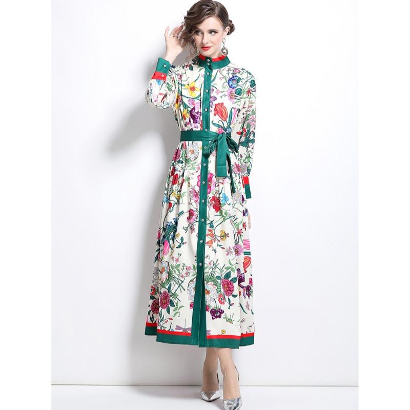 Spring Autumn Women Stand Collar Vintage Palace Print Designer Runway Dress Single Breasted Long Maxi Oversize Loose Party Lace-up Dresses