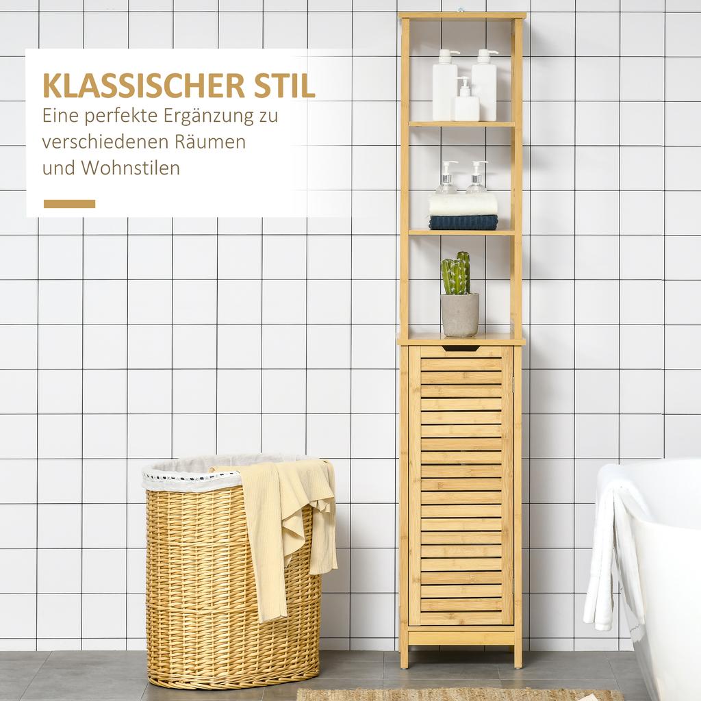 Tall Bathroom Cabinet, Slim Storage Cabinet, Tallboy Bamboo Storage Unit with 3-Tier Storage Shelves and Freestanding Organiser, Natural