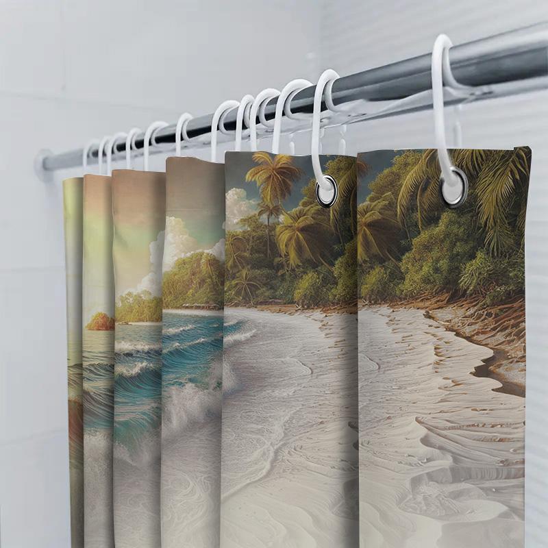 Beach Shower Curtain Beautiful Ocean Waves Palm Trees Design For Bathroom Decor Waterproof Fabric White And Blue Color Scheme