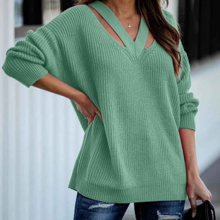 Autumn Winter Solid Colour Knit Pullover Loose Fit Plus Size Elegant Commuter Double V Neck Sweater for Women Luxurious Relaxed Versatile Top