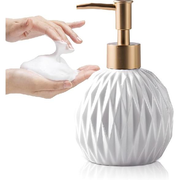 Ceramics Gold Soap Dispenser for Bathroom, Relief Soap Bottle for Kitchen Sink, 400ml/13.5Oz Refillable Hand Soap Dispenser with Gold Pump (White). белый