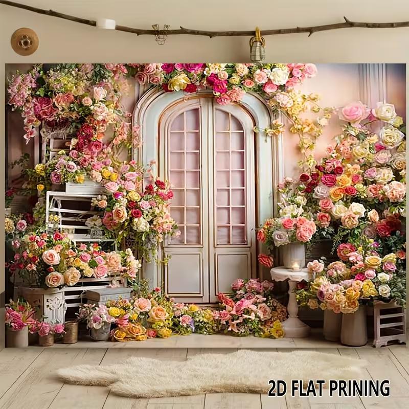 2D Romantic Flower-Covered Door Backdrop Photo Booth Background