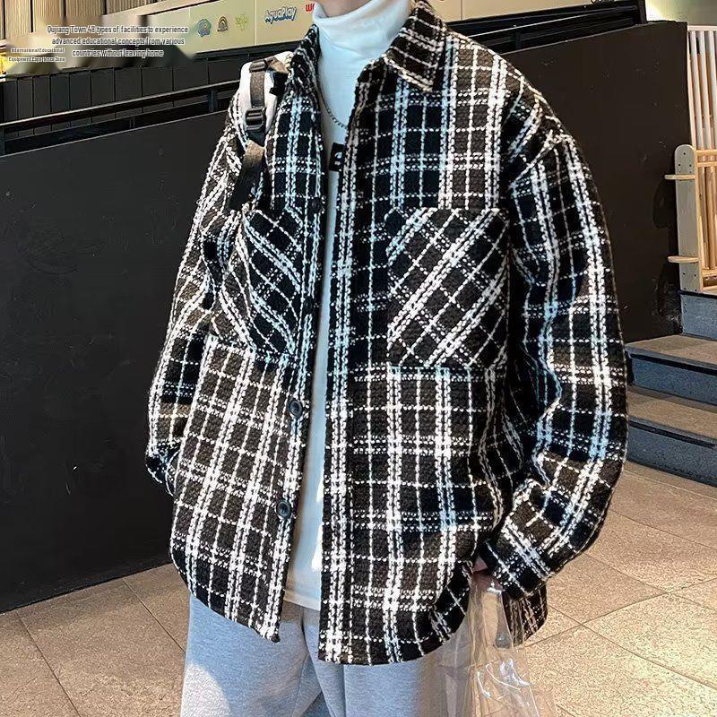 Men's Plaid French-Style Wool Coat - Autumn/Winter Trendy Lapel Loose Jacket.