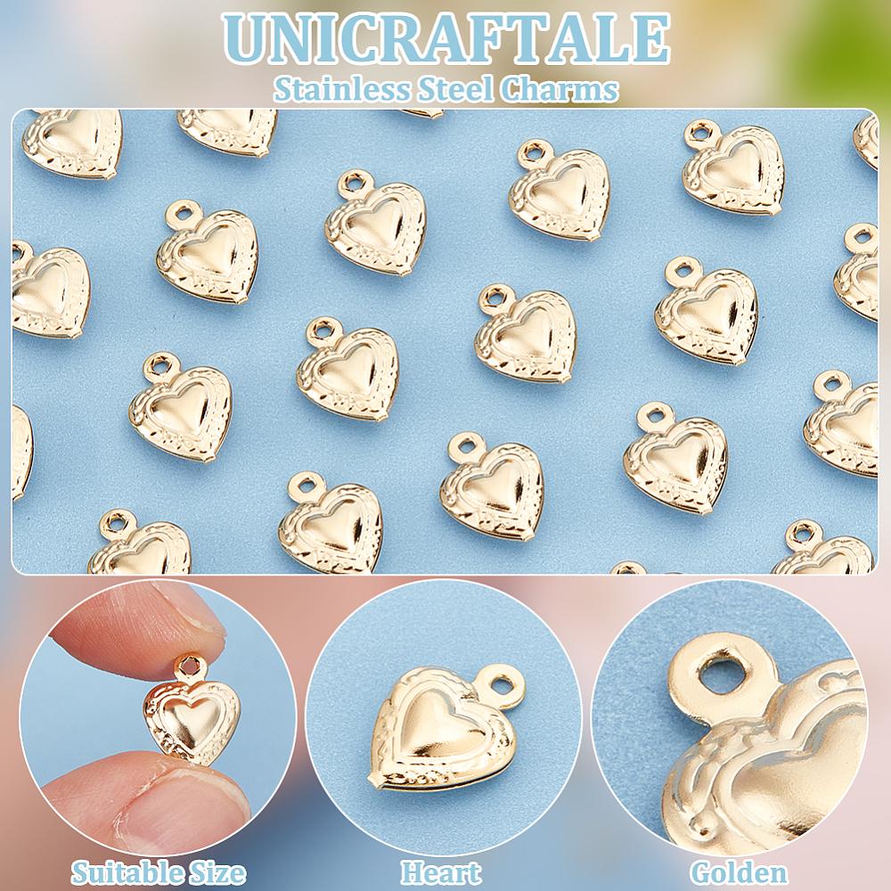 40Pcs 304 Stainless Steel Charms Heart Golden 12x8.5x3.5mm Hole: 1mm