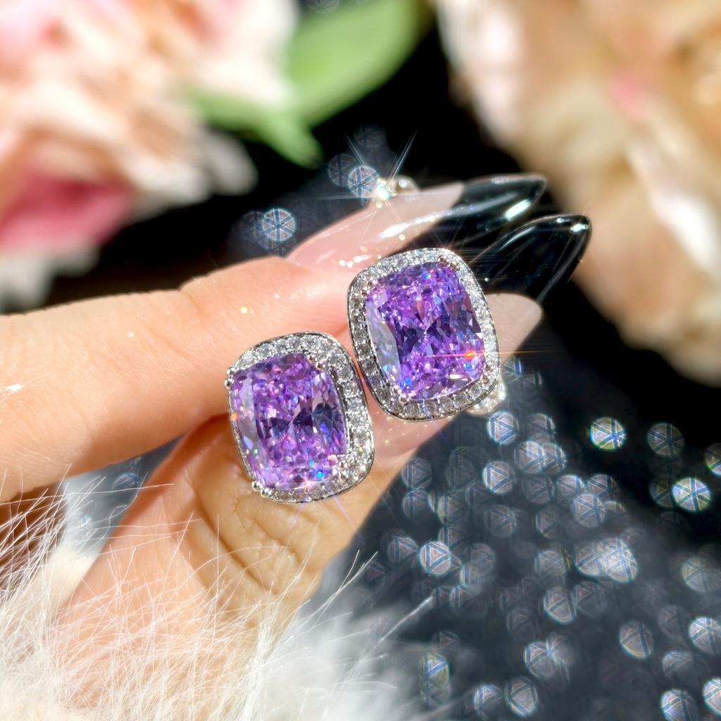 2026 Heavy Industry Long Pillow Nest Cut Purple Lithium High Carbon Diamond Open Ring Pendant Necklace Earrings