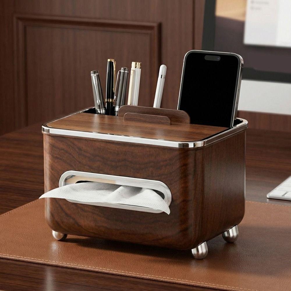 Imitation Walnut Wood Desktop Tissue Box Large Capacity Anti-slip Paper Storage Box Plastic Decorative Tissue Storage Box