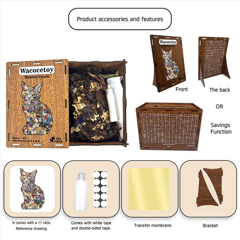194pcs Wooden Jigsaw Puzzle Cat-shaped Irregular Puzzle Pieces Game Birthday Xmas Gifts for Cat Lovers Money Box Home Decor