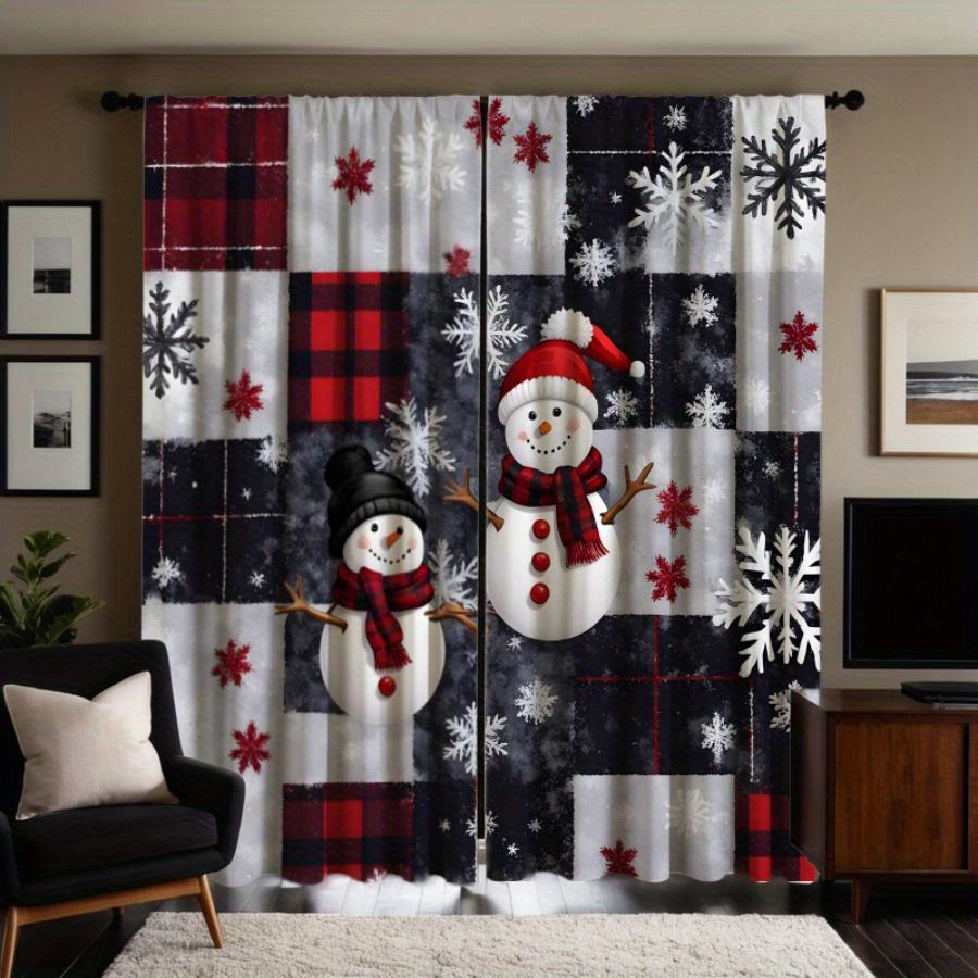 

Piece Set Festive Christmas Snowman Curtains Black White Plaid Design Digital Print Polyester Semi Transpar Curtain Made Of Washable W100*H70(CM)-Grommet top&2PCS