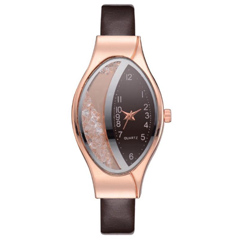 Fashionable Women's Rhinestone Leather Strap Watch with Flowing Sand Design