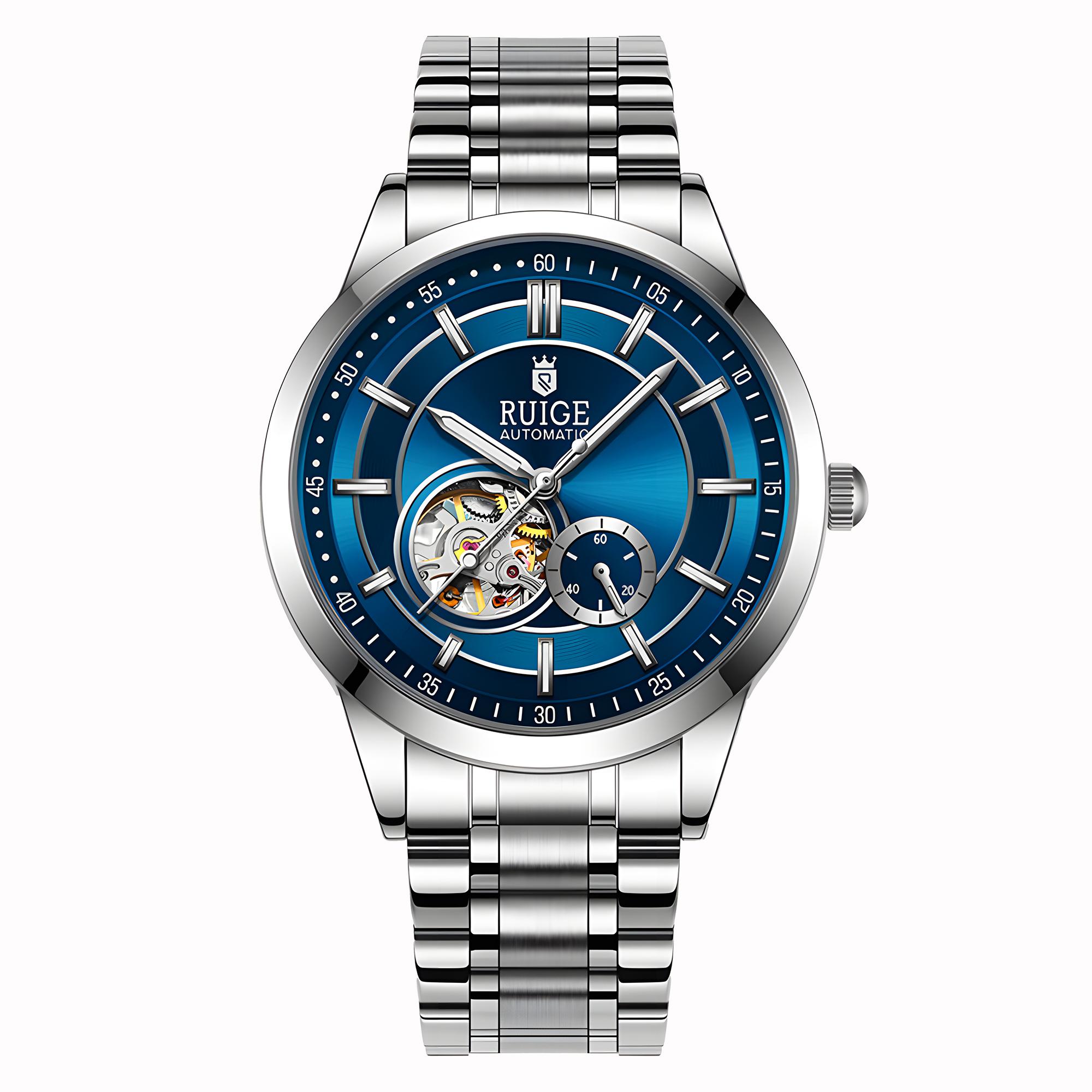 

Bule Dial Mechanical Watches Stainless Steel Hollow Case Men Business Watch Night Light Waterproof Luxury Fashion Watch for Men синій