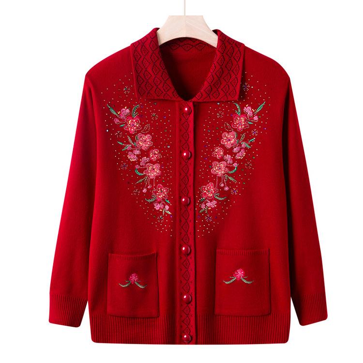 Middle-aged and Elderly Women's New Style Mother's Spring and Autumn Sweater Jacket Old Lady Sweater Cardigan Top Loose Large Size