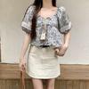 Vintage Ethnic Style Lace-up Square Collar Floral Shirts Women Summer New Loose Puff Sleeve Blouse Woman Elegant Fashion Slim Fit Ladies Shirt 26130